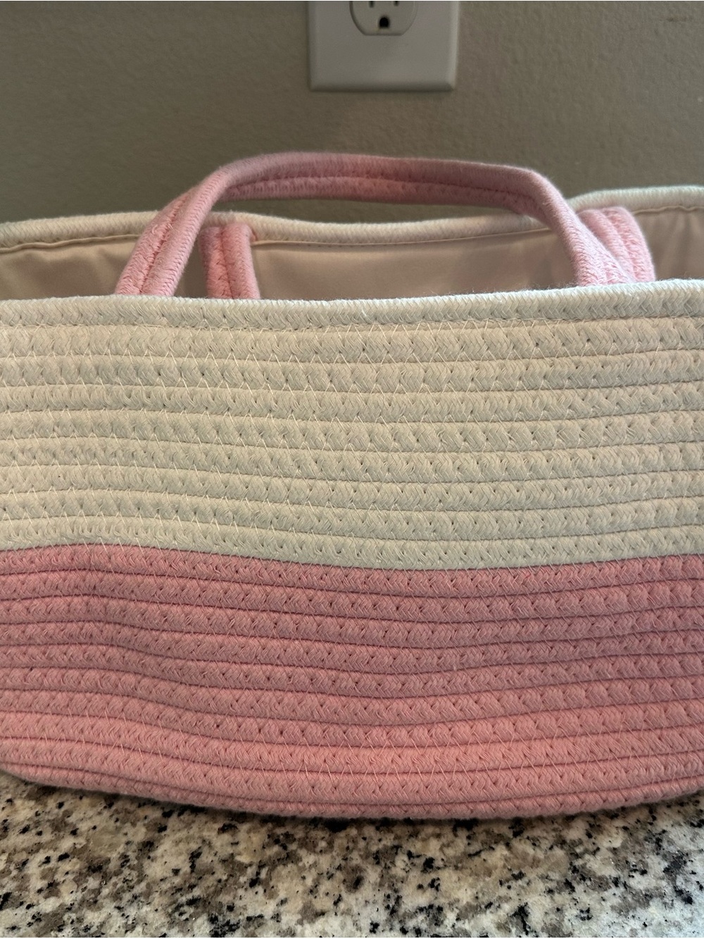 Pink & Cream Rope Basket Bag with Plush Bunny Accent - Picture 6 of 9